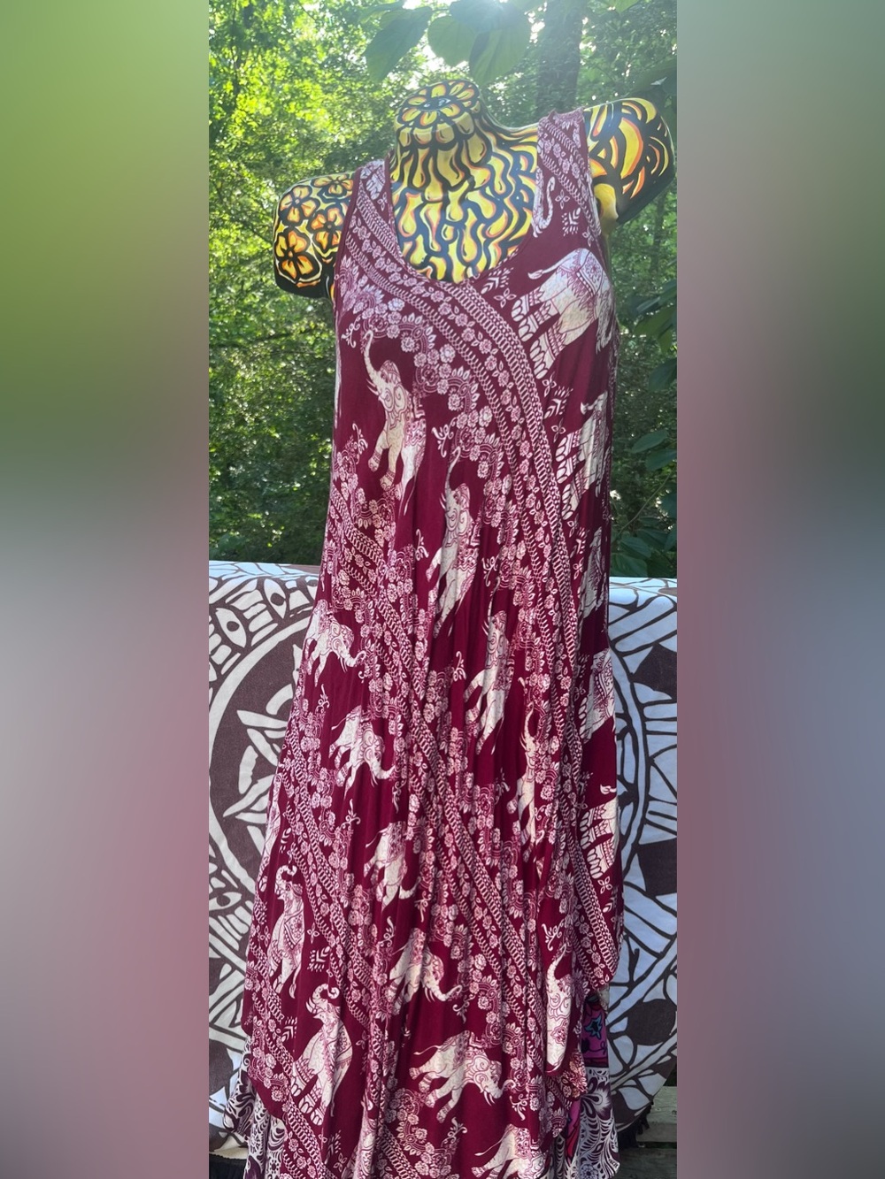 Kathmandu Boho Elephant Print Maxi Dress - Burgundy & White